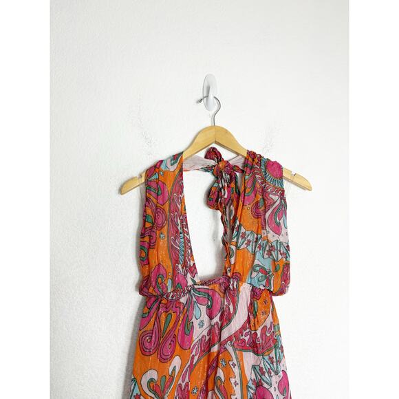 Sundress Amina Dress Size Large Fuchsia orange Print Halter Neck Asymmetric Hem - Picture 4 of 14